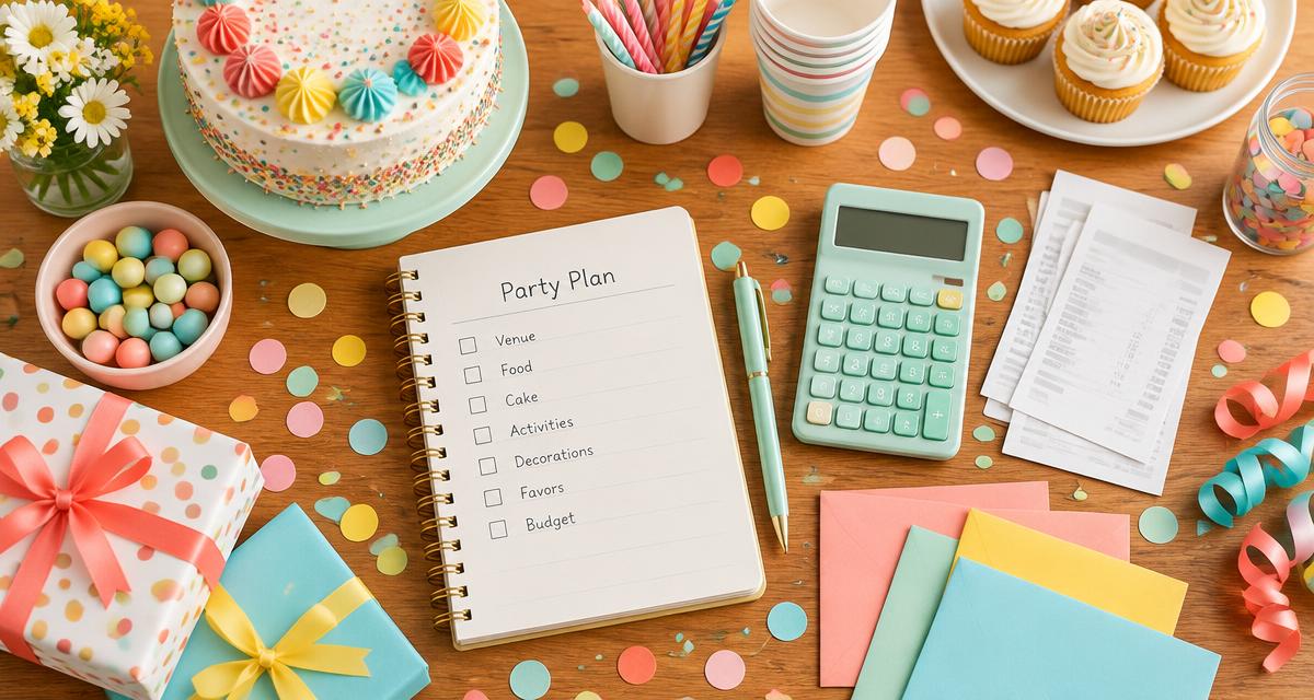Birthday party planning notebook, calculator, cake and colorful supplies