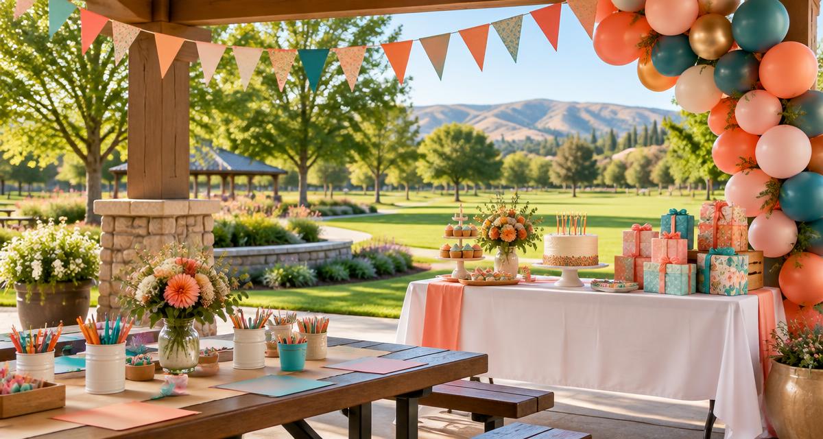 Colorful birthday party tables beneath a sunny Pleasanton park pavilion