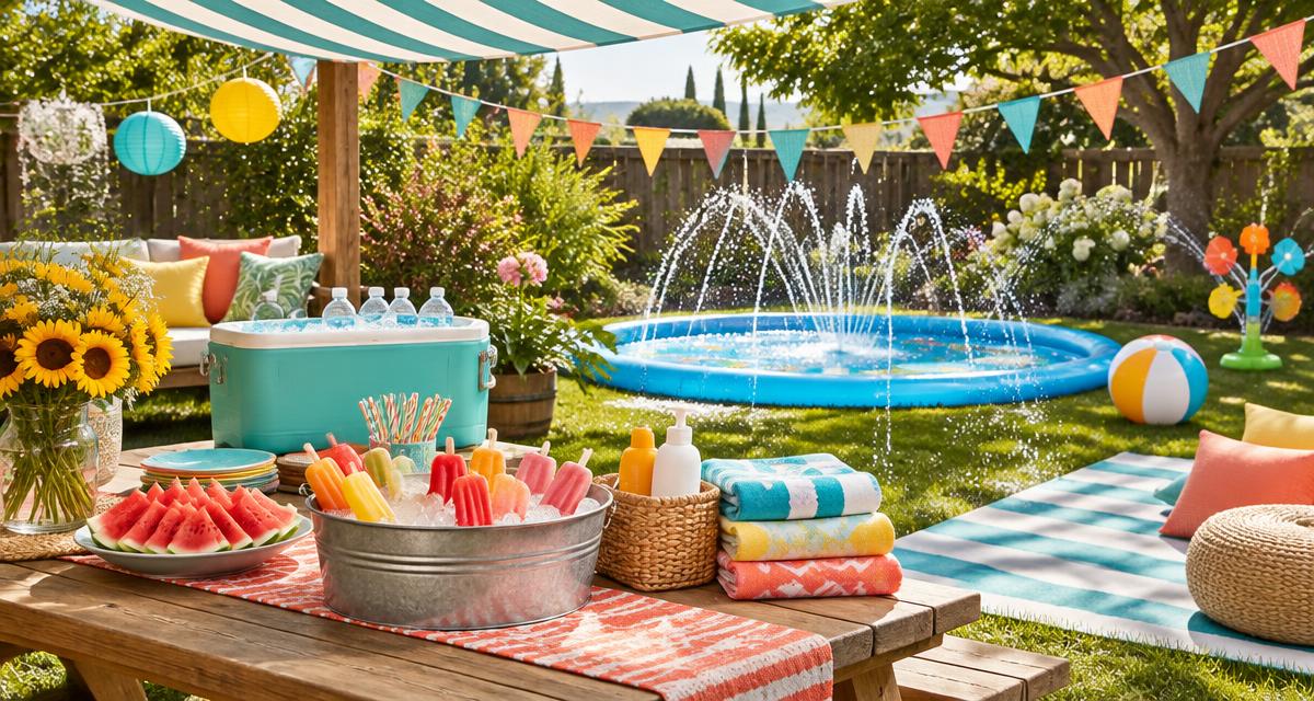 Shaded summer birthday setup with water play, cold drinks and popsicles