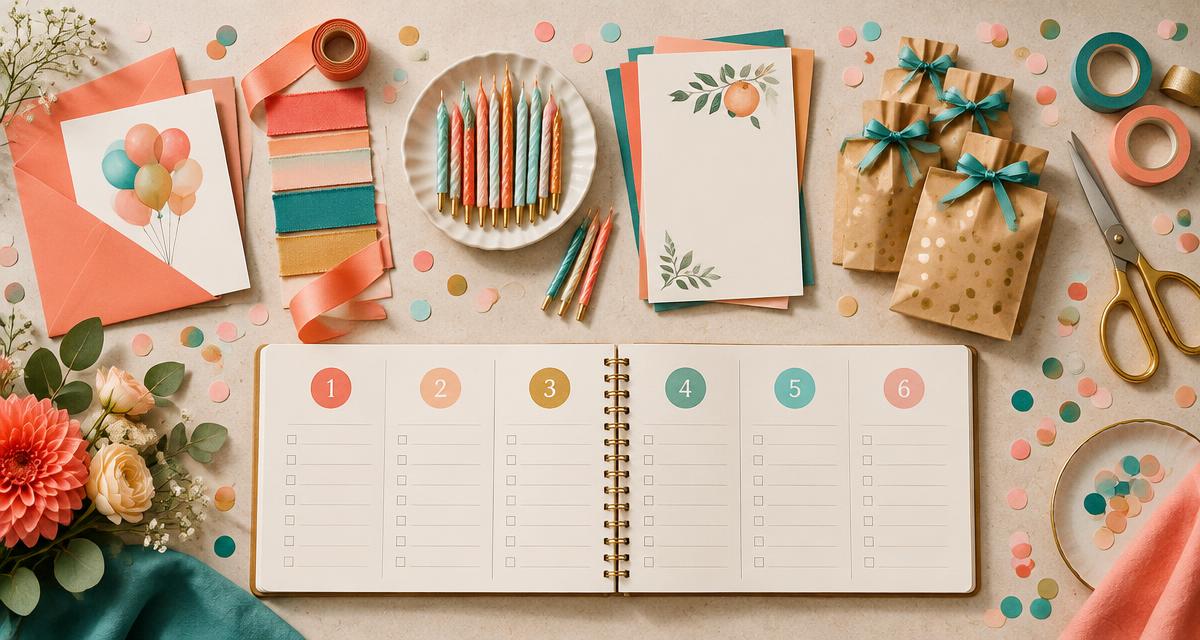 Six-week birthday planner surrounded by invitations, candles and favor bags