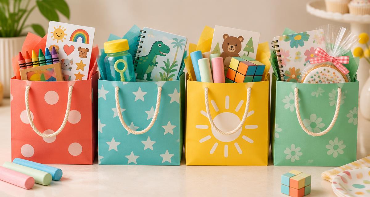 Colorful birthday goody bags filled with useful toys, crafts and treats