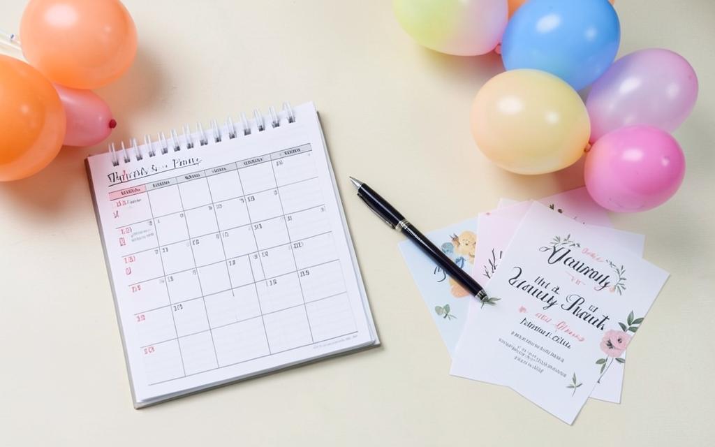 Party planning desk with a calendar, checklist notebook, invitations and balloons