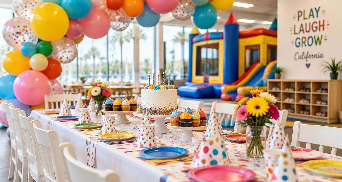 Colorful indoor birthday party setup with balloons, cake and a bounce structure in Dublin, CA