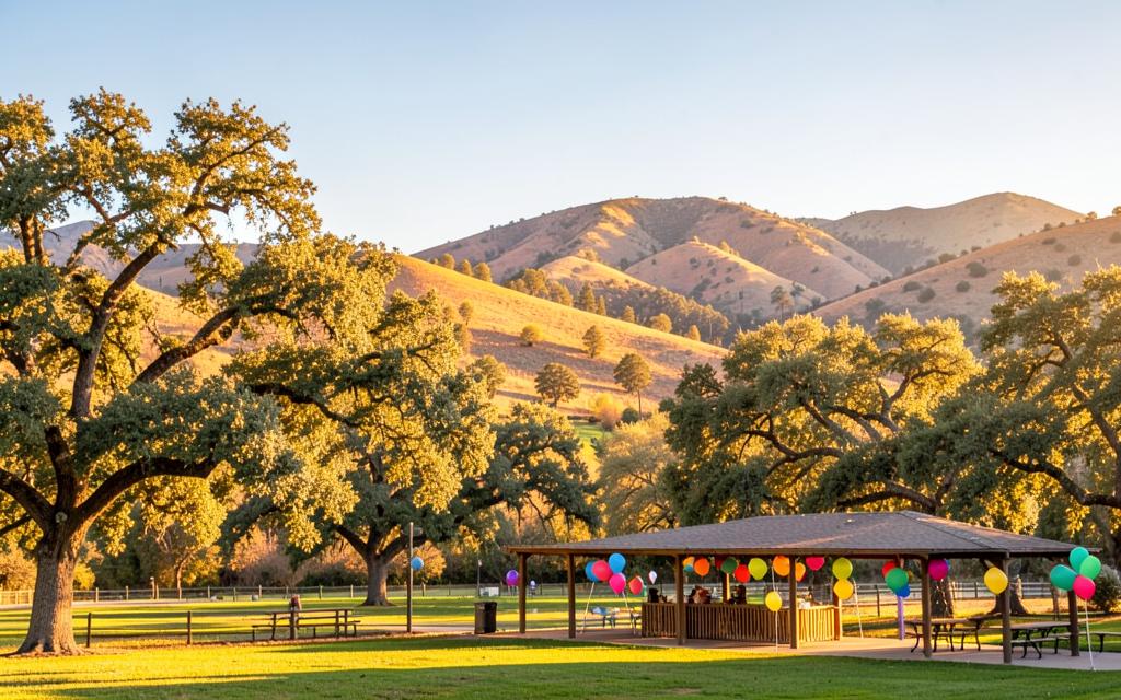 Shaded Tri-Valley park pavilion decorated with balloons for a birthday party
