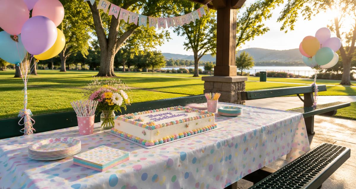 Outdoor birthday party at a Pleasanton park pavilion with cake, balloons and pastel tableware