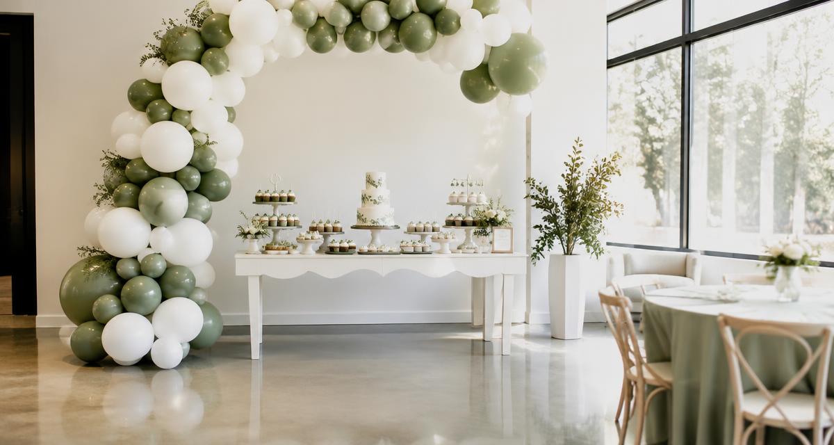 Elegant kids' birthday dessert table with balloon arch in a bright San Ramon party room